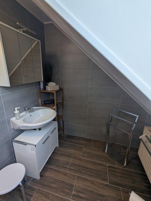 Waschbecken mit Spiegelschrank, Regal mit Föhn und Handtuchständer