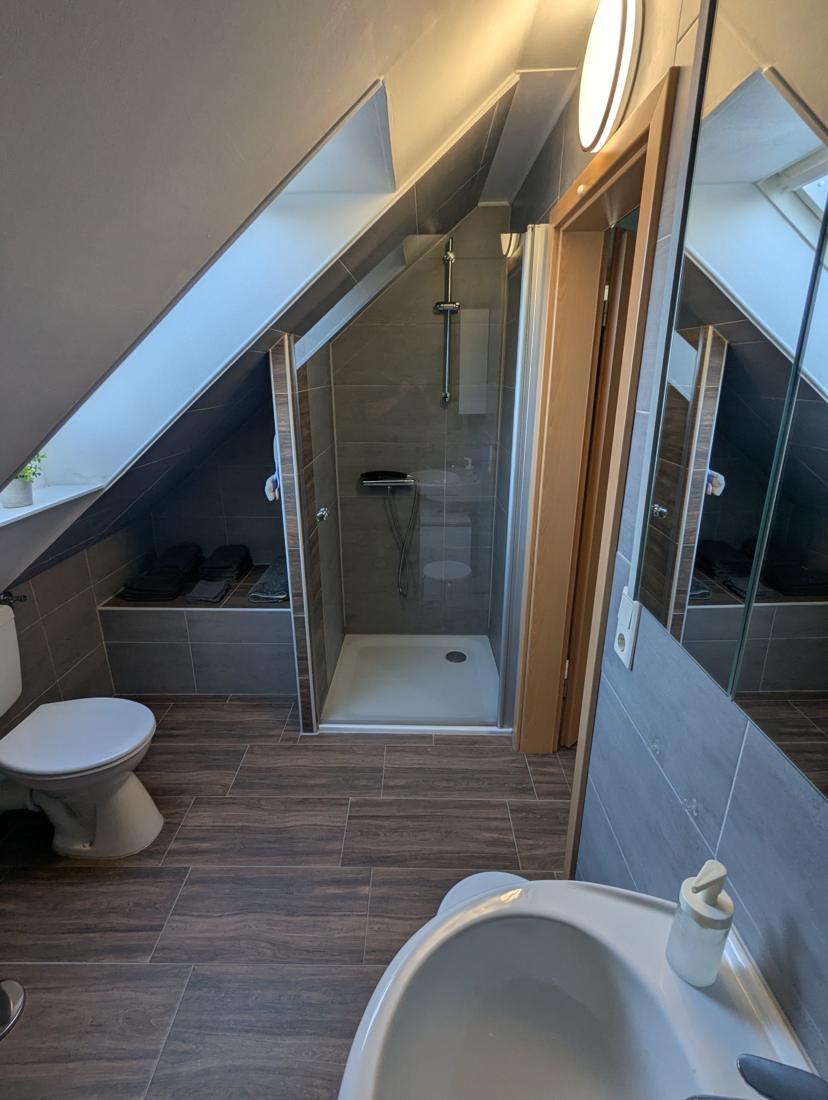 Bad mit Duschkabine unter der Dachschräge, WC und Waschbecken