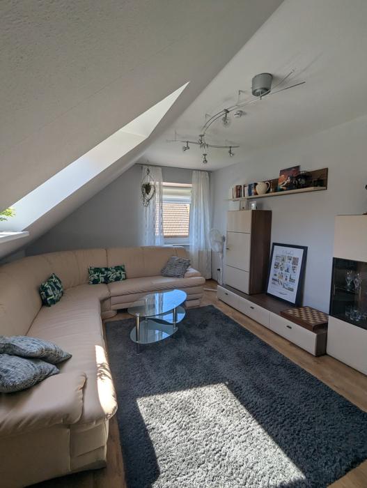 Ecksofa, Bücherregal, Vitrine und Schachbrett im Wohnzimmer